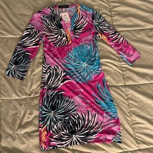 Elegant Floral Long Sleeve Dress in Pink and Blue